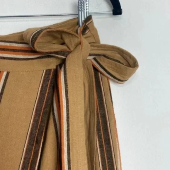 Worthington Linen Blend Midi Wrap Skirt Striped Brown Yellow Slit Size 6 - Picture 5 of 5